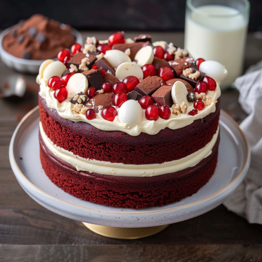 Un cake con frullati e semi di cacao.