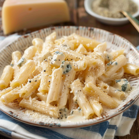 Penne con formaggio e speck.