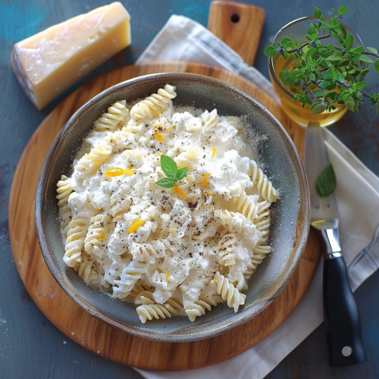 Una ciotola di pasta con formaggio e pomodori.