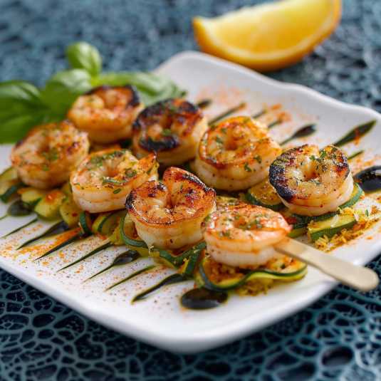 Piatti di gamberi con erbe e limone.