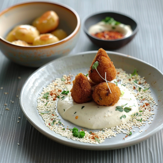 Piatti di patate con salsa e patate fritte.