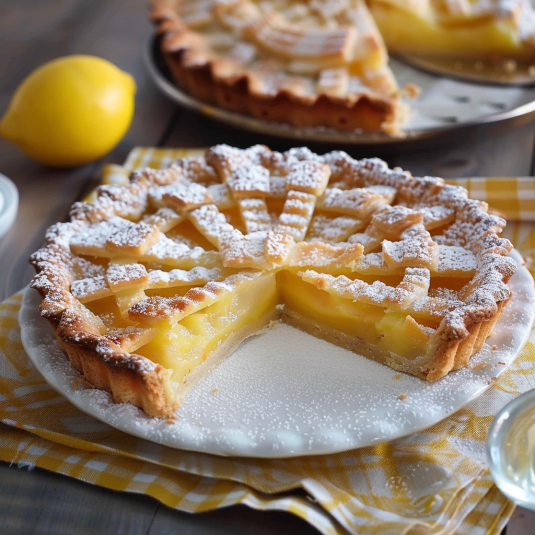 Una tazza con un dolce a forma di crostata con frullato di limone.