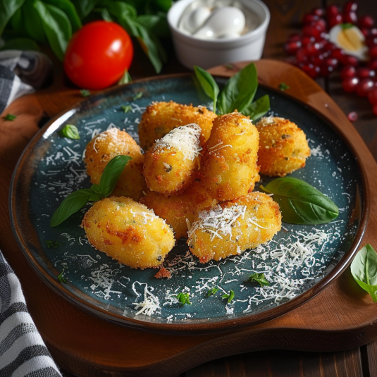 Piatti di patate con erbe e formaggio.