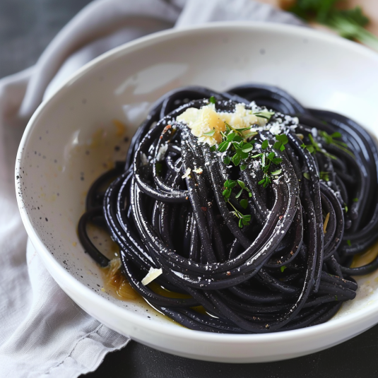 Una ciotola con spaghetti neri e formaggio.