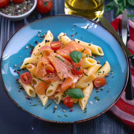 Piatti di pasta con pesce e pomodori.