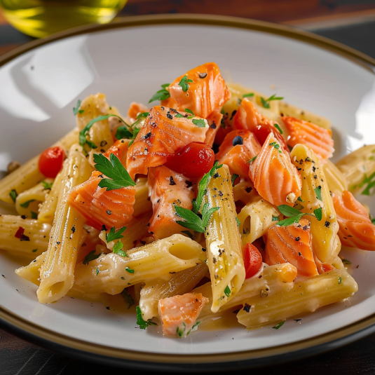 Penne con salmone e verdure.