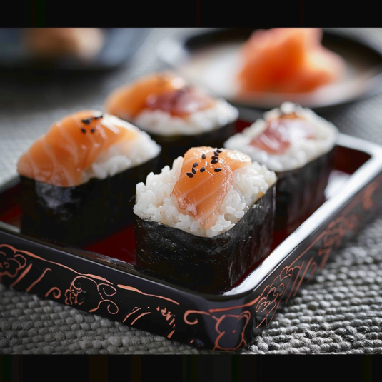 Una tavolata con tre bocce di sushi.