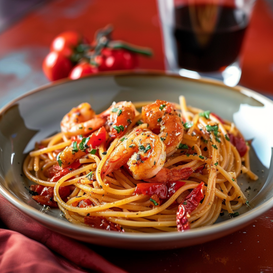 Piatti di pasta con frullati e vino rosso.