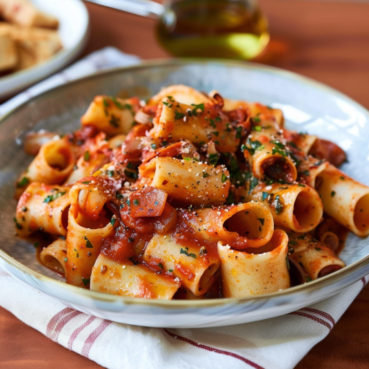 Una tavolata con un piatto di pasta e olio.