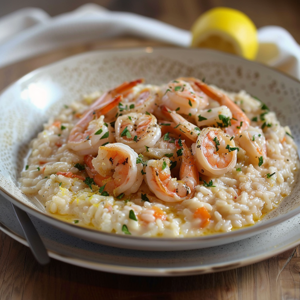 Una tavolata con un piatto di riso e shrimp.