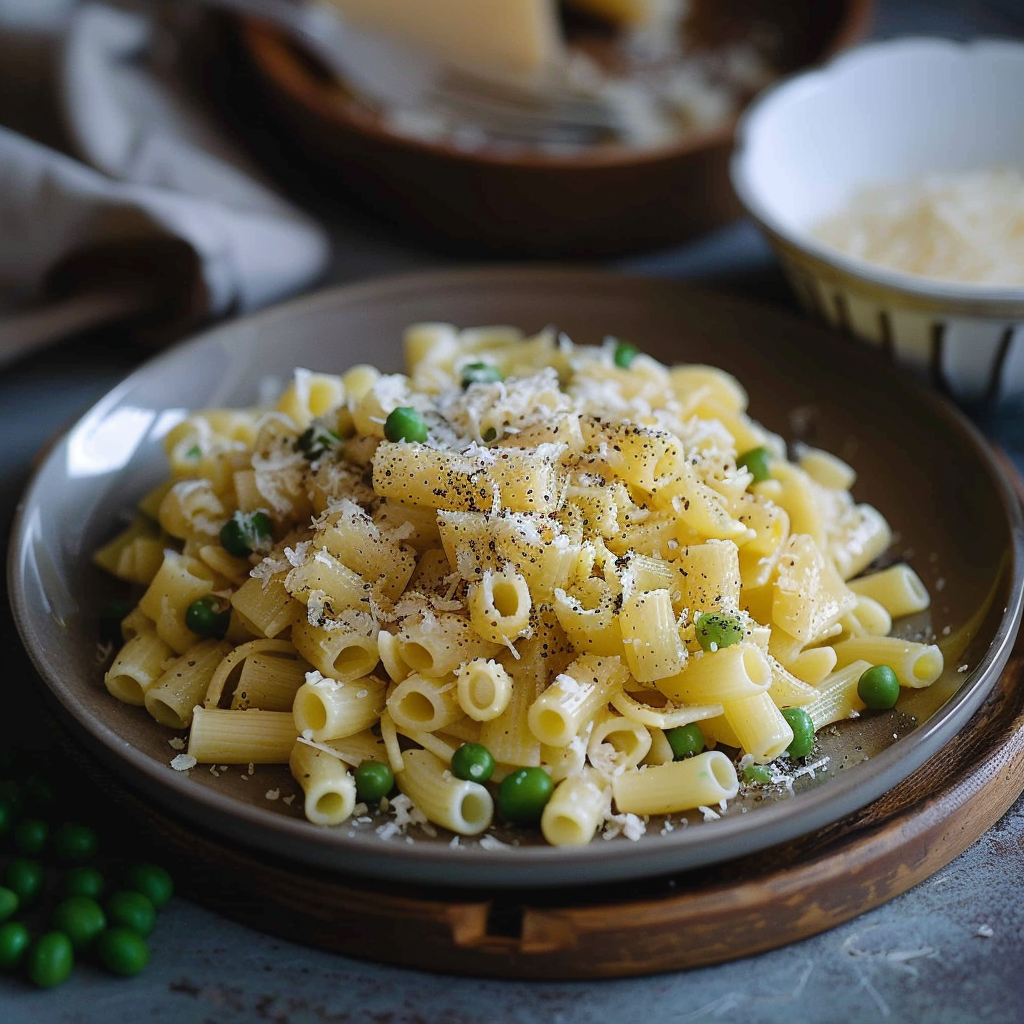 Una tavolata con un piatto di maccheroni e peperoni.