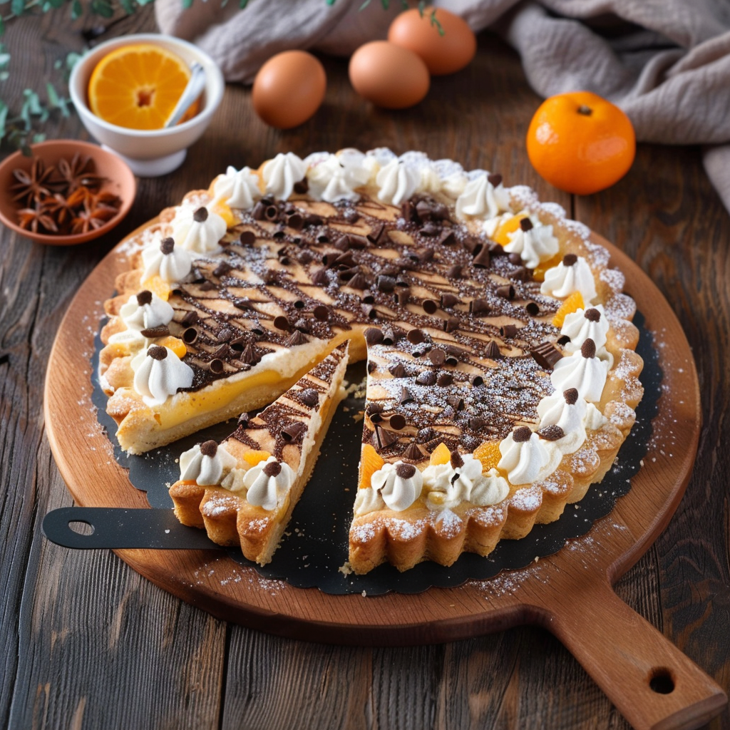 Torta con frutta e cioccolato.