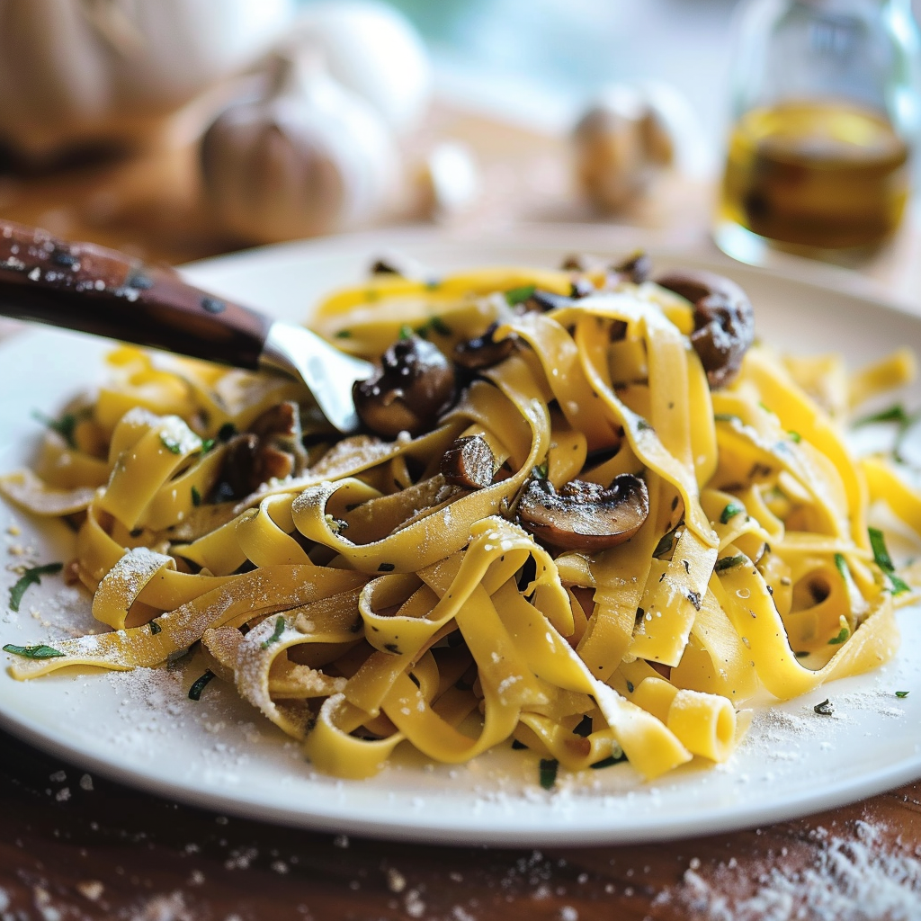 Penne con funghi e parsley.
