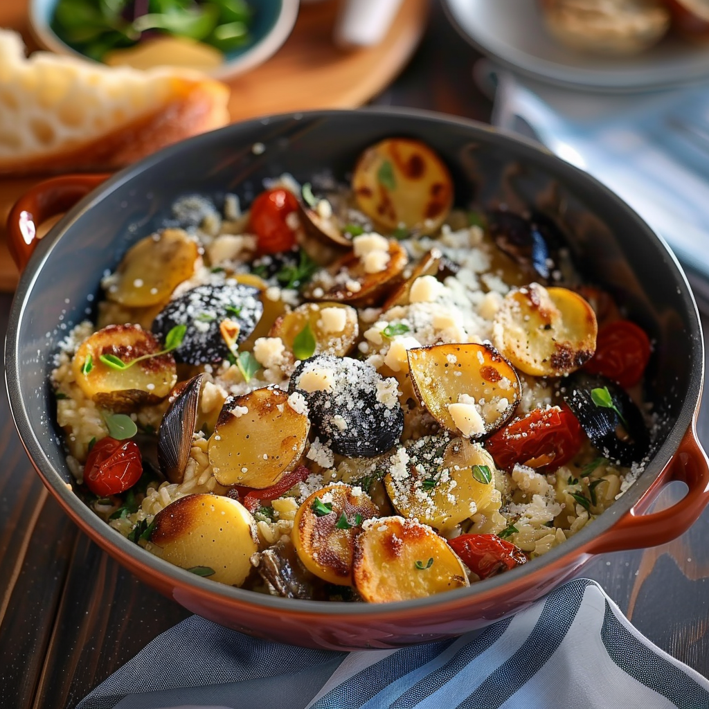 Una ciotola di pasta con verdure e formaggio.