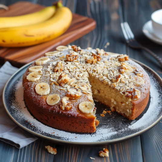 Una torta con frullato di banana e noci.