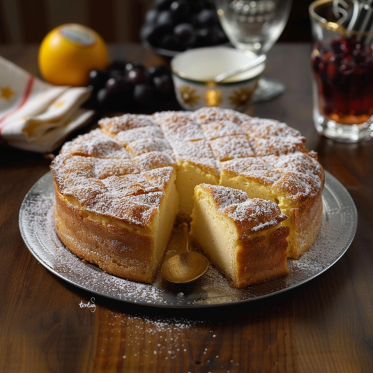 Una tavolata con un dolce in un piatto.