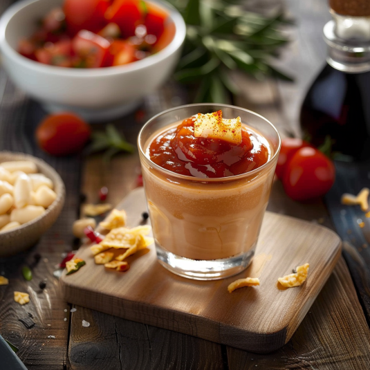 Una tazza di salsa con un tostone in mezzo.