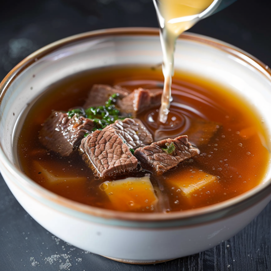 Una tazza di brodo con carne e verdure.
