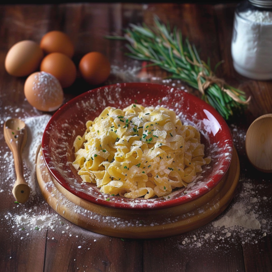 Una tavolata con un piatto di pasta e uova.