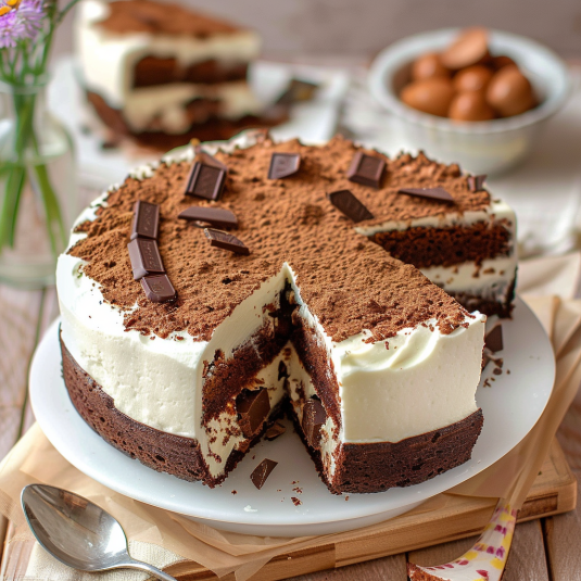 Una tavolata con un dolce a base di cioccolato e crema.