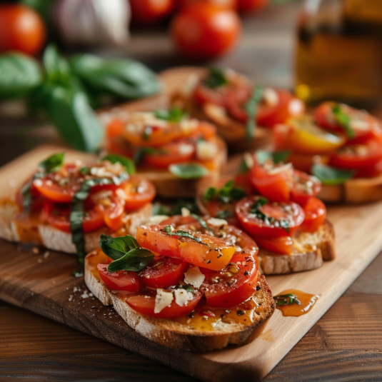 Piatti di bruschetta con pomodori e basilico.