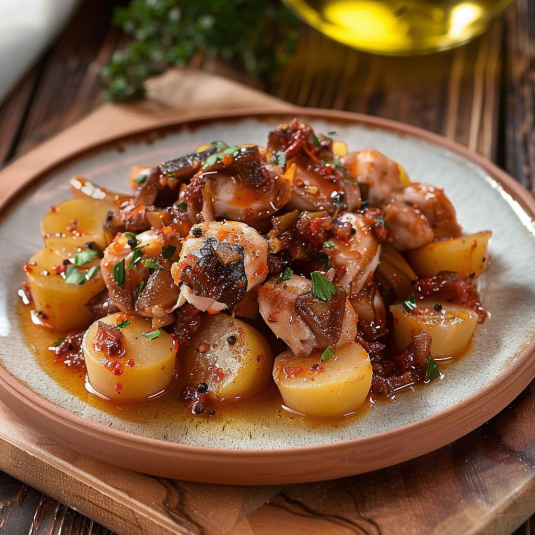 Una tavolata con un piatto di carne e verdure.