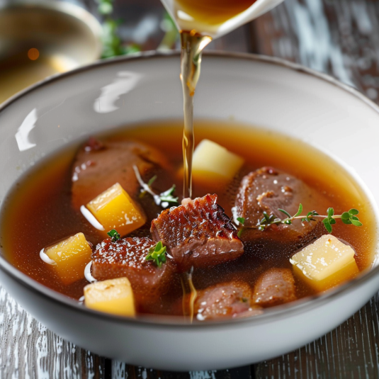 Una tazza di zuppa con carne e verdure.
