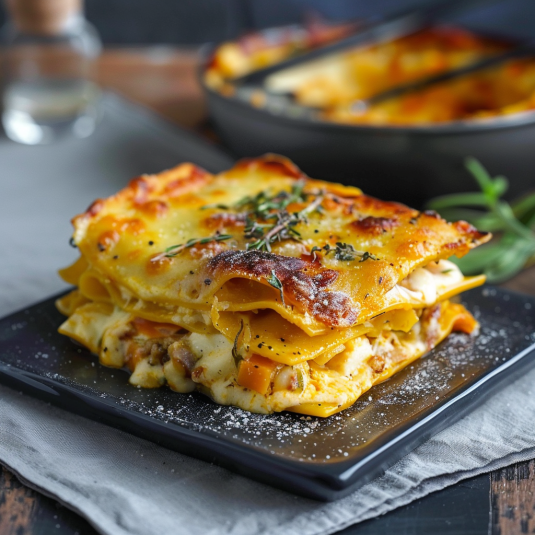 Un piatto di lasagna con verdure e formaggio.