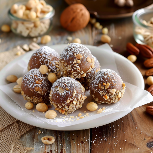 Un piatto con 6 dolci a base di noci e cannoli.