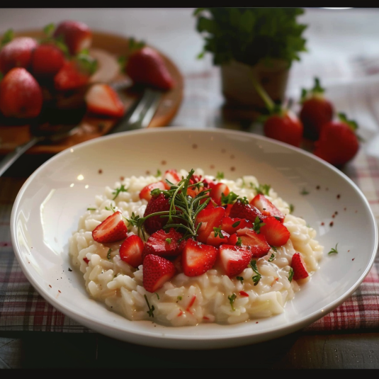 Piatti di frutta con riso e strawberry.