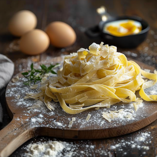 Penne con uova e formaggio.