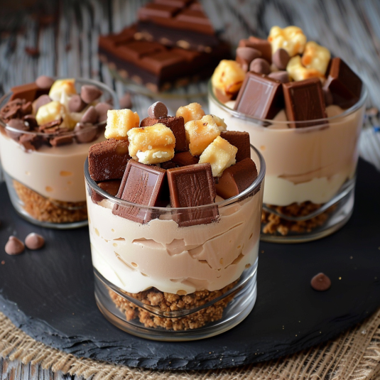 Tre bicchieri di dessert con cacao e nocciole.