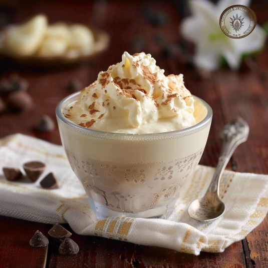 Una tazza di crema con cacao e cannoli.