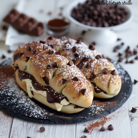 Un dolce a forma di spirale con crema e cioccolato.