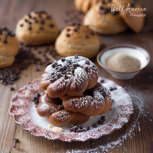 Un piatto di ciambelle con la neve e il cacao.