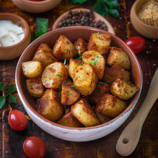 Una tazza di patate arrosto con erbe e condimenti.