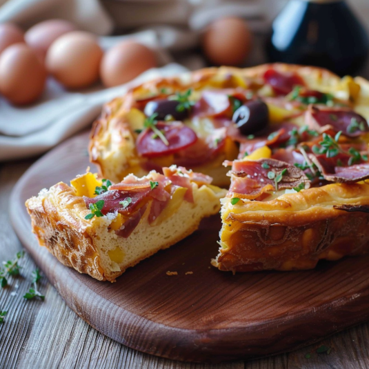 Una torta con frullato di pomodoro e olive.