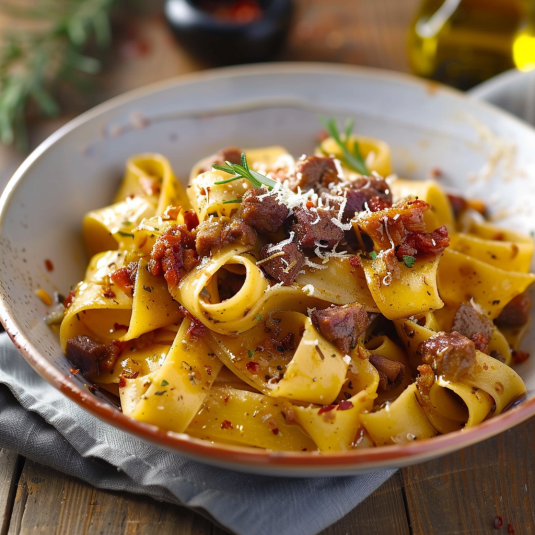 Pasta con carne e formaggio in un piatto.