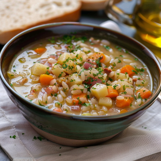 Una ciotola di minestrone con carote e pane.