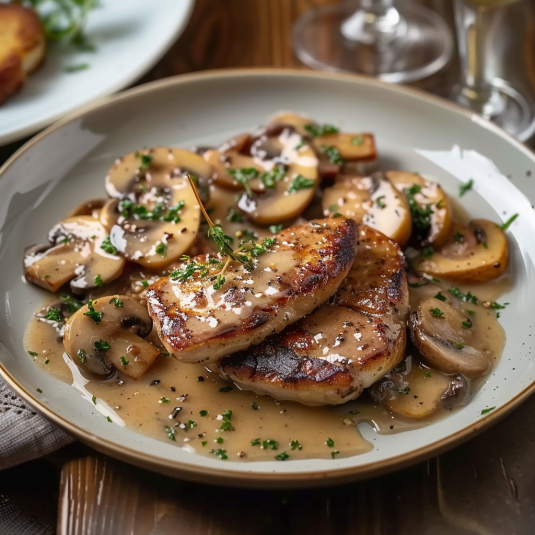 Piatti di carne con funghi e verdure.