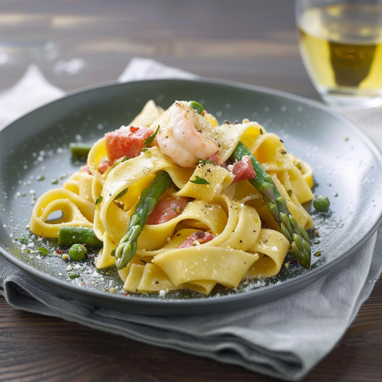 Piatti di pasta con verdure e gamberi.
