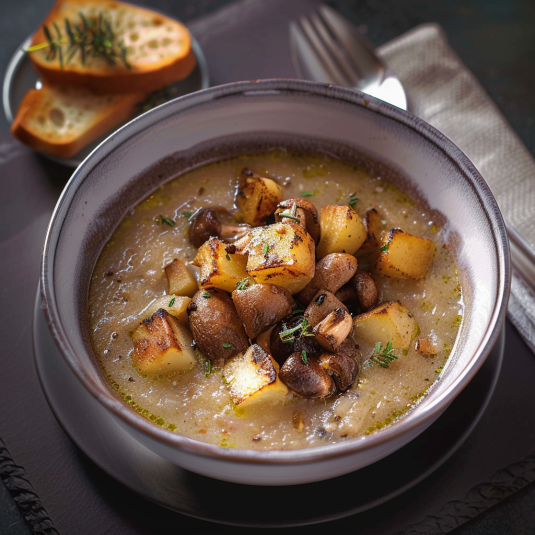 Una tazza di zuppa con patate e funghi.