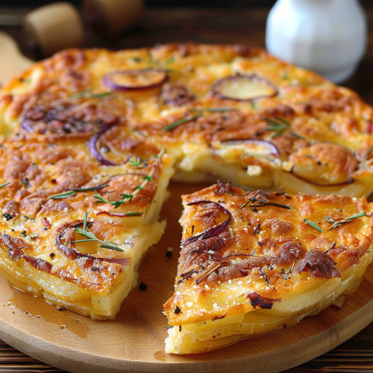 Una fetta di torta con speck e erbe.