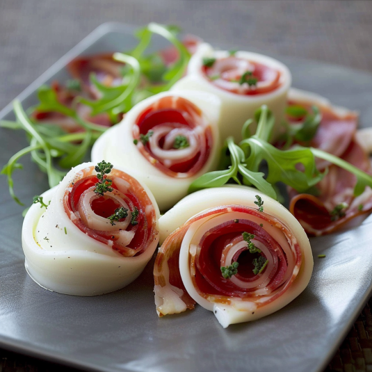 Piatti di prosciutto e verdure.