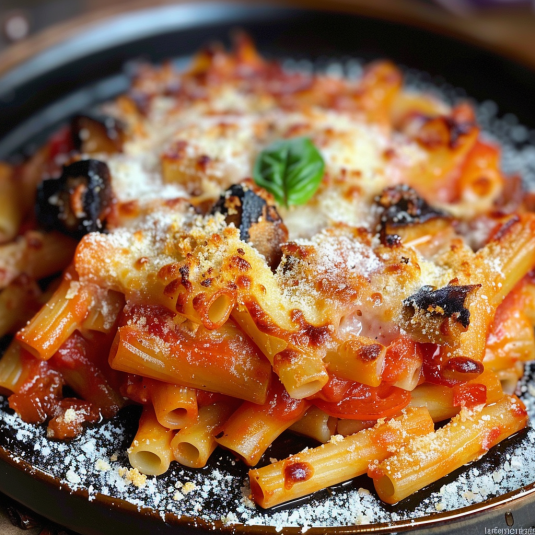 Penne con formaggio e verdure.