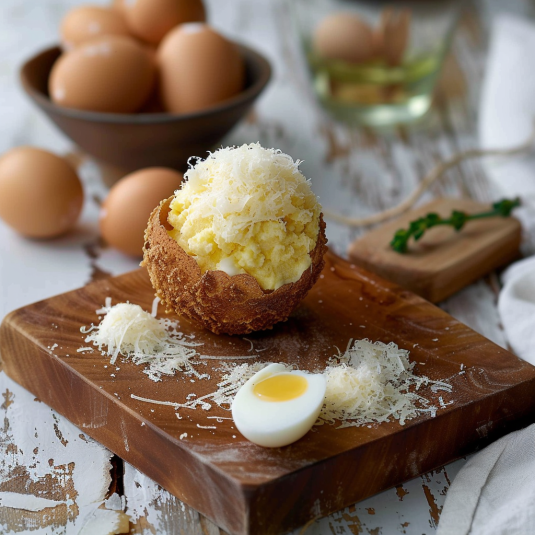Un'ovetta con una fetta di formaggio e una fetta di uovo.