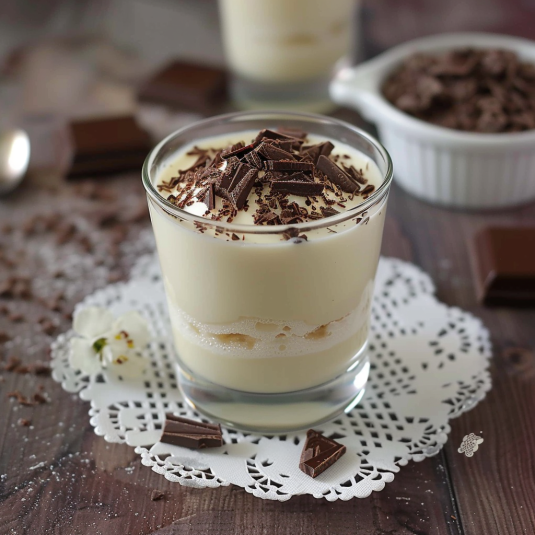 Una tazza di crema con cacao e frullato.