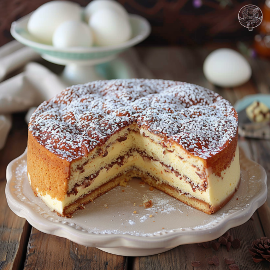 Una torta con crema e frullato di cioccolato.