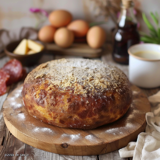 Un piatto di pizza con ingredienti come formaggio, uova e semi di sesamo.