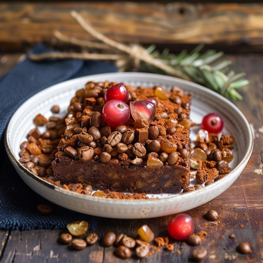 Un piatto di cake con frutta e caffè.